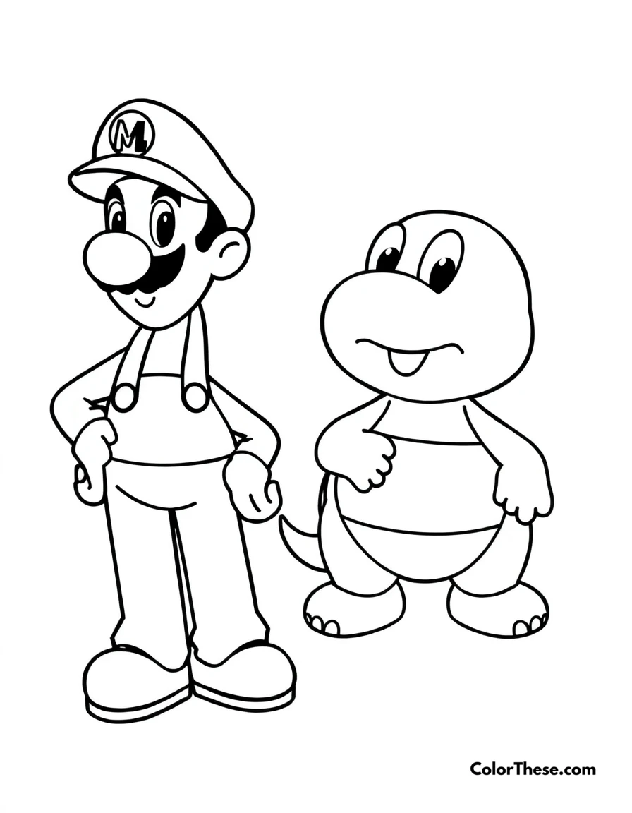 Free printable mario and luigi with a koopa troopa coloring page for kids and adults. Mario and Luigi (Mario) standing near a Koopa Troopa.