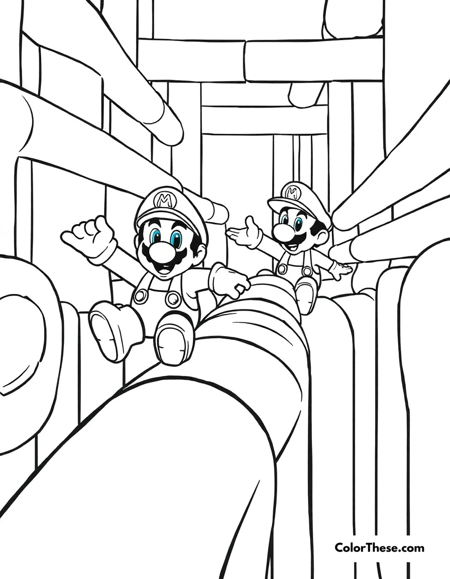 Free printable mario and luigi in a pipe maze coloring page for kids and adults. Mario and Luigi (Mario) navigating a maze of pipes.