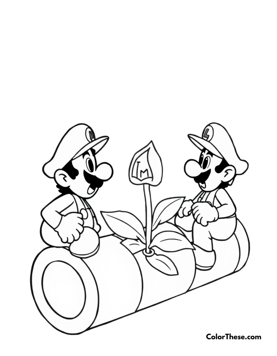 Free printable mario and luigi with a piranha plant coloring page for kids and adults. Mario and Luigi (Mario) facing a Piranha Plant in a pipe.
