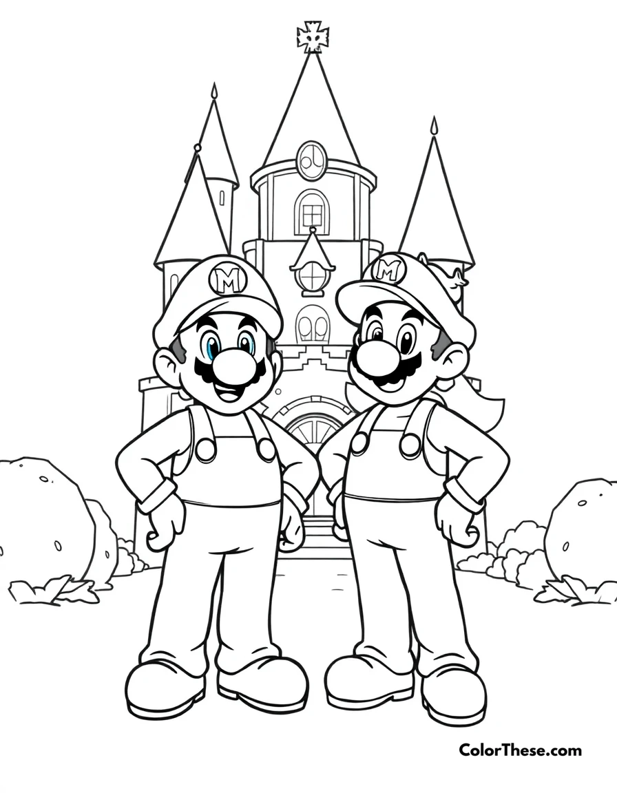 Free printable mario and luigi with princess peach coloring page for kids and adults. Mario and Luigi (Mario) standing with Princess Peach in her castle.