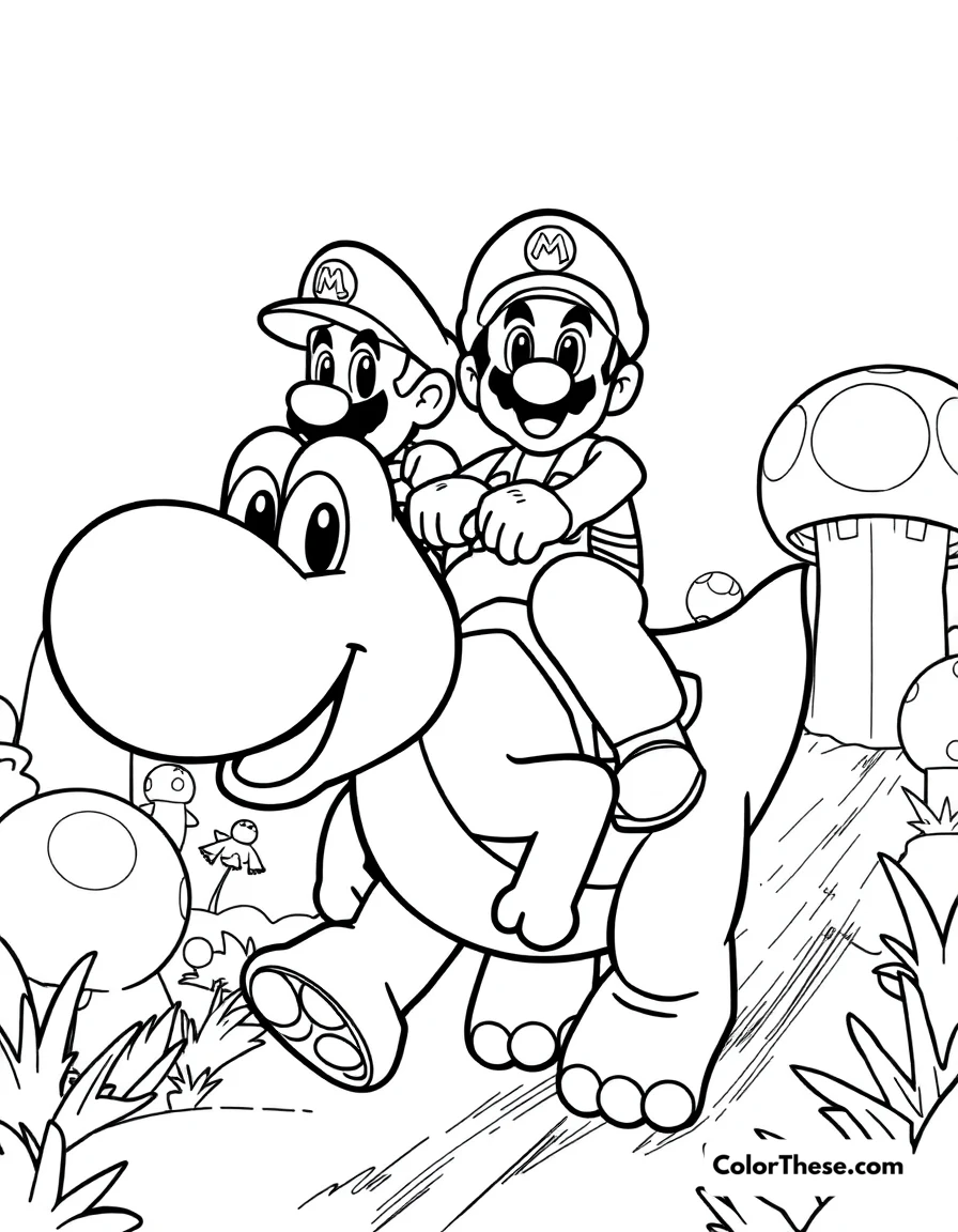 Free printable mario and luigi riding yoshi coloring page for kids and adults. Mario and Luigi (Mario) riding Yoshi through the Mushroom Kingdom.