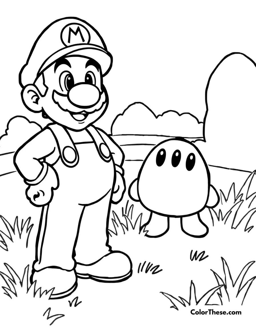 Free printable mario and luigi with a shy guy coloring page for kids and adults. Mario and Luigi (Mario) standing near a Shy Guy in a grassy field.