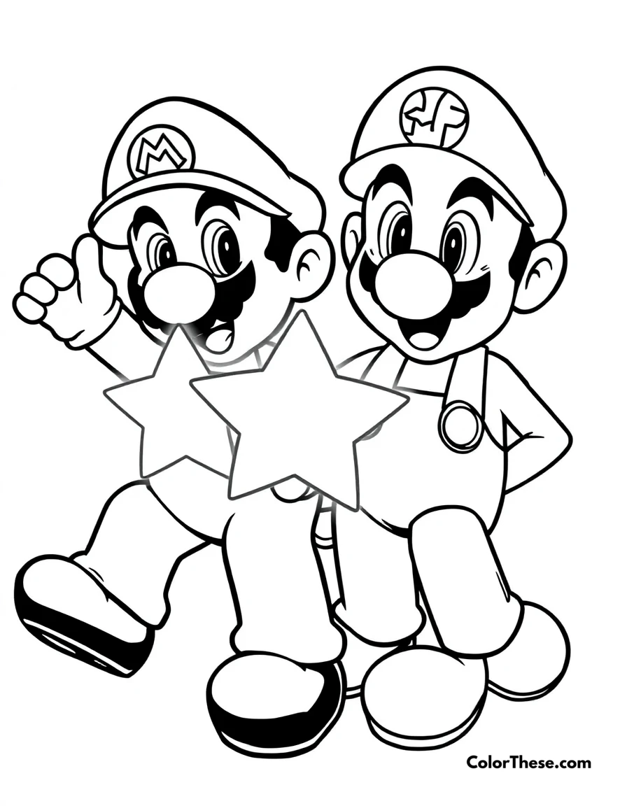 Free printable mario and luigi with super stars coloring page for kids and adults. Mario and Luigi (Mario) holding Super Stars, glowing with power.