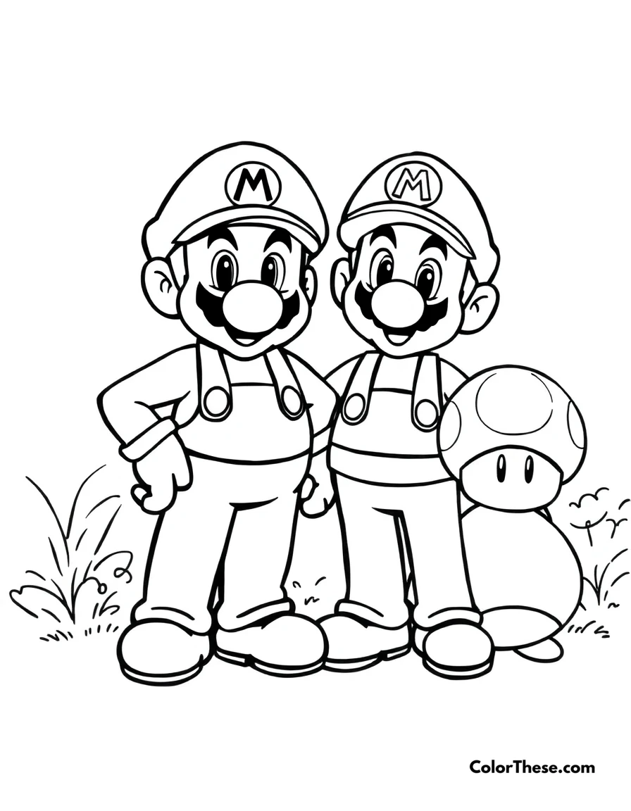Free printable mario and luigi with toad coloring page for kids and adults. Mario and Luigi (Mario) standing with Toad in the Mushroom Kingdom.