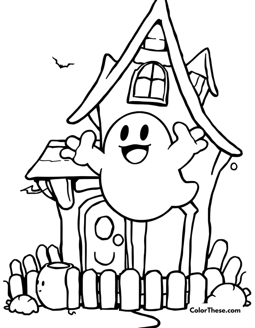 Free printable boo floating in a haunted house coloring page for kids and adults. Boo (Mario) floating in a spooky haunted house.