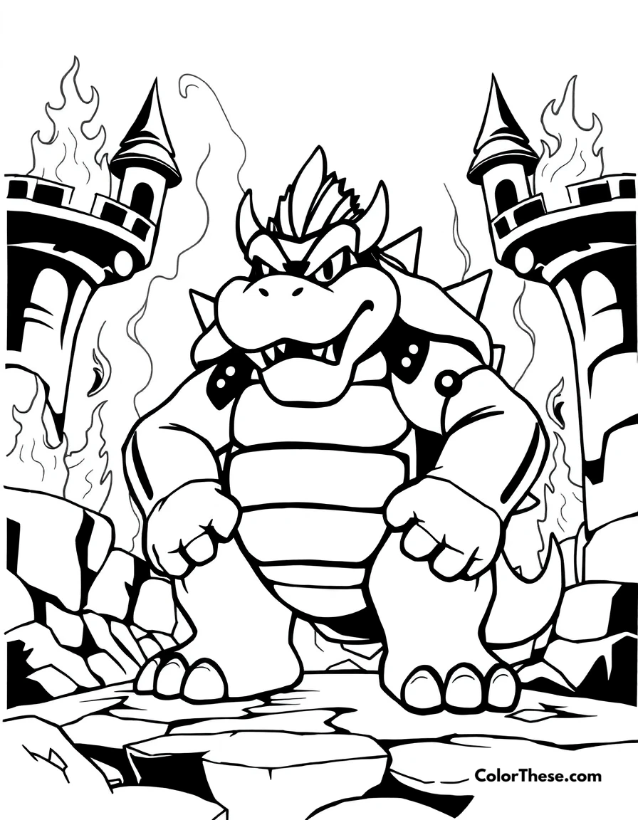 Free printable bowser in his castle coloring page for kids and adults. Bowser (Mario) standing menacingly in his fiery castle.
