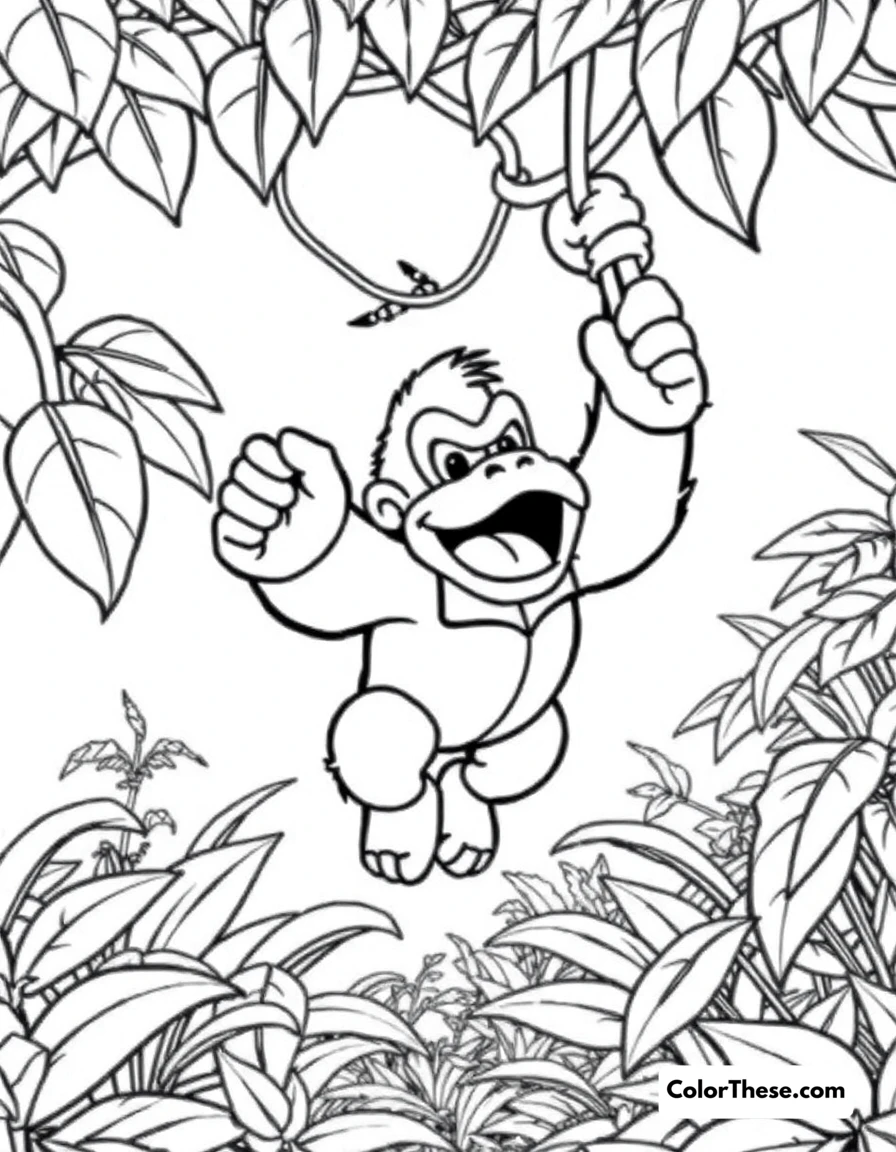Free printable donkey kong swinging on a vine coloring page for kids and adults. Donkey Kong (Mario) swinging on a vine in the jungle.