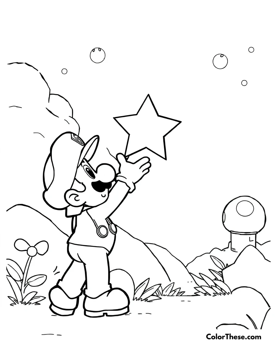 Free printable luigi catching a star coloring page for kids and adults. Luigi (Mario) reaching for a glowing star in the Mushroom Kingdom.