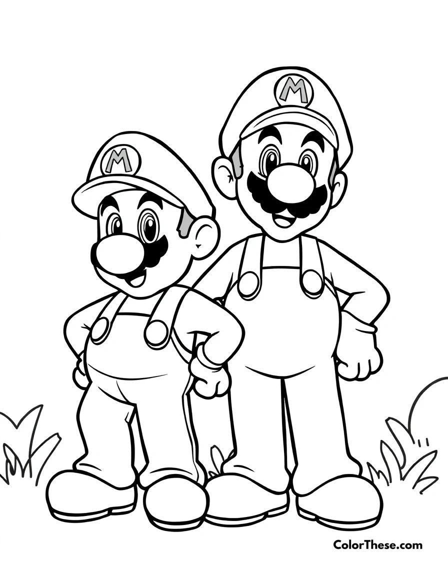 Free printable mario and luigi together coloring page for kids and adults. Mario and Luigi (Mario) standing side by side in the Mushroom Kingdom.