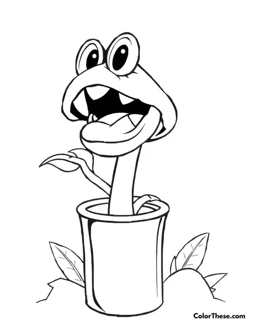 Free printable piranha plant in a pipe coloring page for kids and adults. Piranha Plant (Mario) popping out of a pipe.