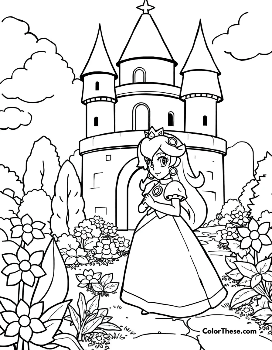 Free printable princess peach in her castle coloring page for kids and adults. Princess Peach (Mario) standing in her castle garden.