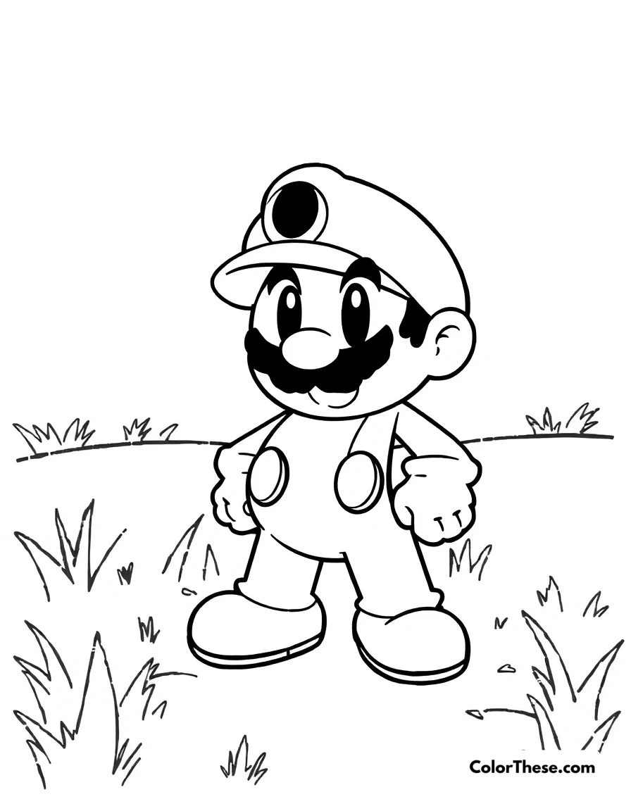 Free printable shy guy in a field coloring page for kids and adults. Shy Guy (Mario) standing in a grassy field.