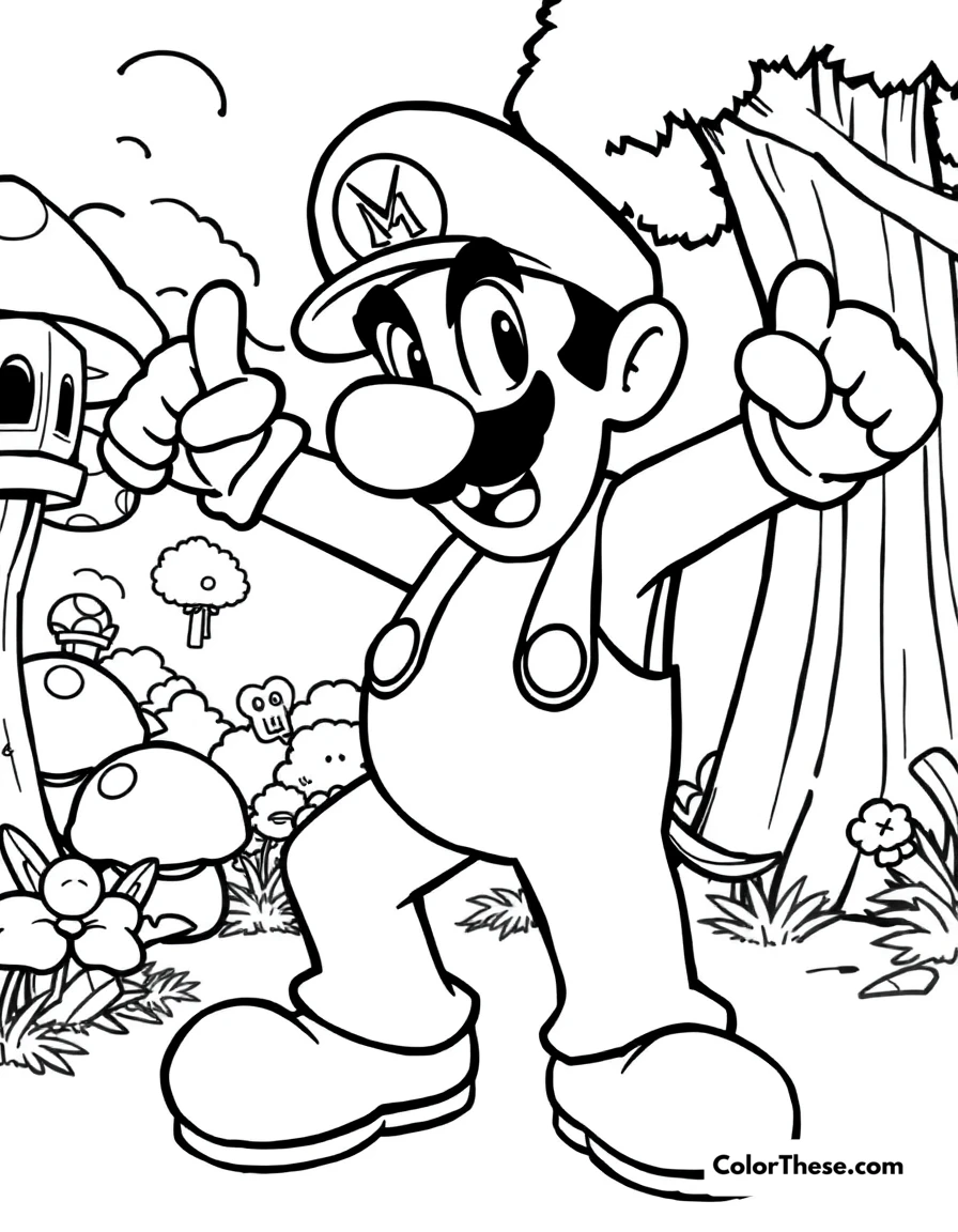 Free printable waluigi striking a pose coloring page for kids and adults. Waluigi (Mario) striking a dramatic pose in the Mushroom Kingdom.