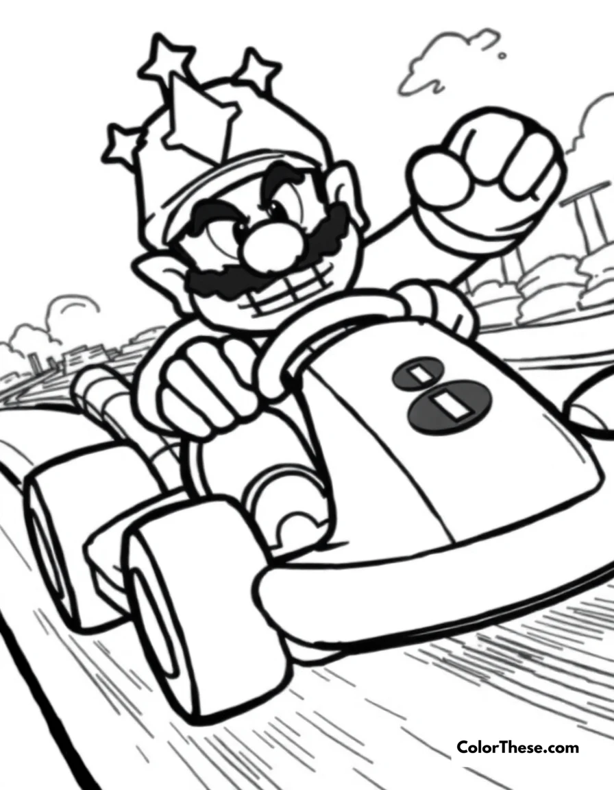 Free printable wario driving a kart coloring page for kids and adults. Wario (Mario) speeding in a kart on a race track.