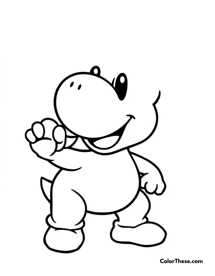 Free printable yoshi eating a fruit coloring page for kids and adults. Yoshi (Mario) happily munching on a piece of fruit.
