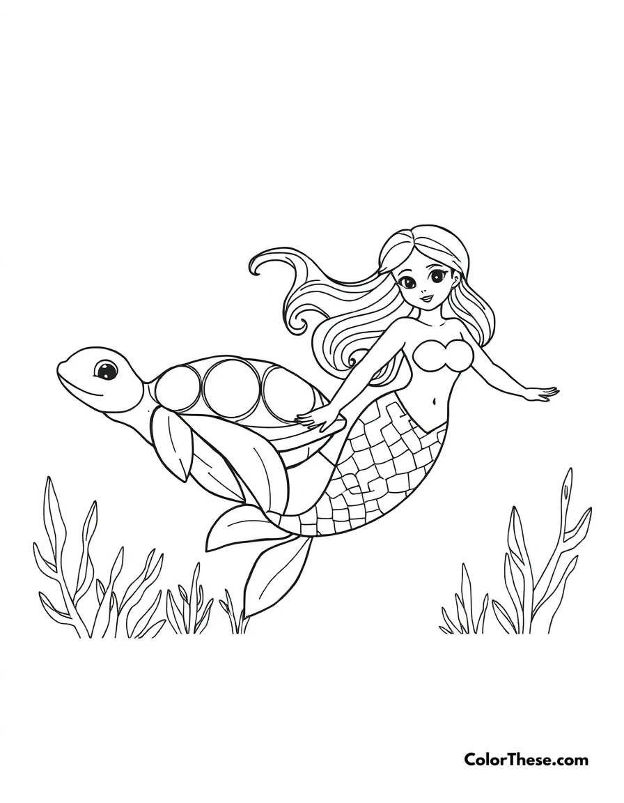 Free printable mermaid and a turtle coloring page for kids and adults. A mermaid swimming alongside a friendly turtle.