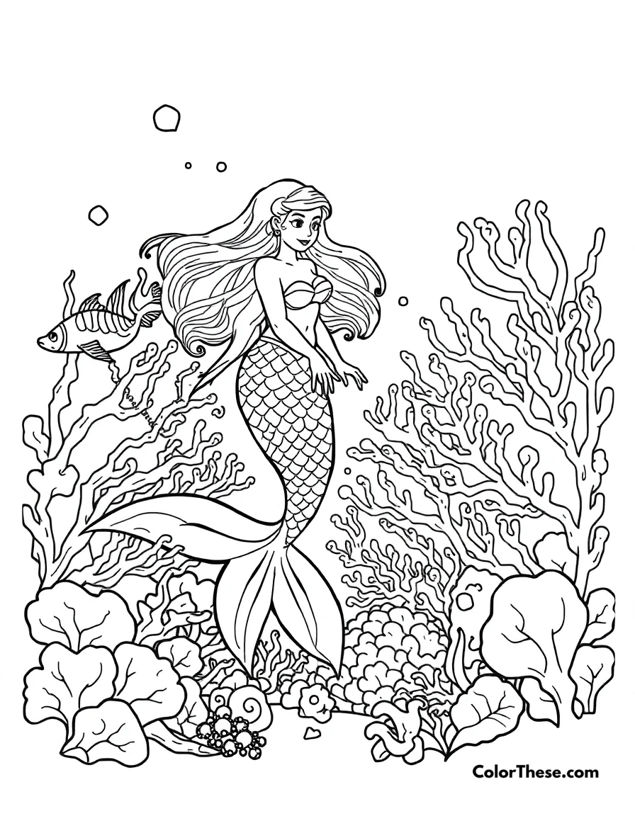 Free printable mermaid in a coral garden coloring page for kids and adults. A mermaid exploring a vibrant coral garden.