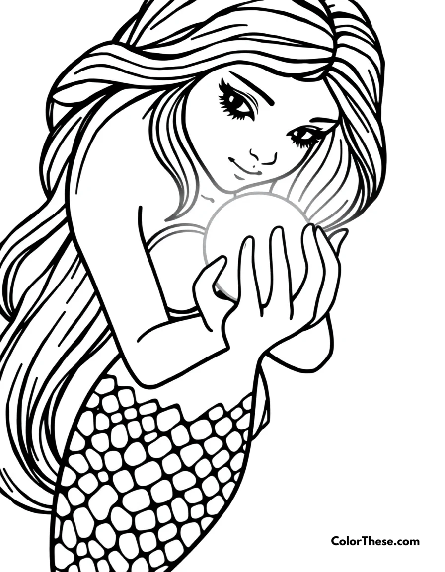 Free printable mermaid holding a pearl coloring page for kids and adults. A mermaid holding a glowing pearl in her hands.