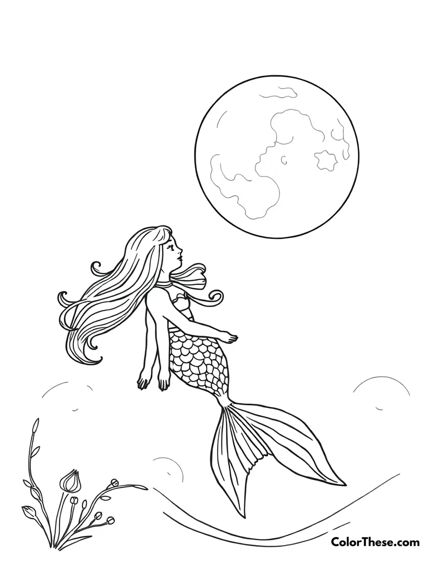 Free printable mermaid in a moonlit ocean coloring page for kids and adults. A mermaid swimming under the light of the moon.