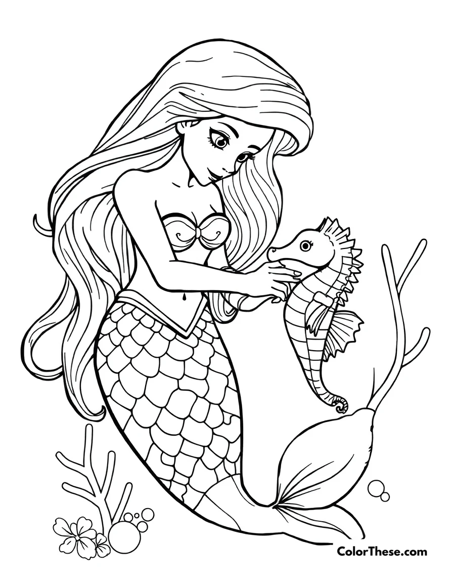 Free printable mermaid playing with a seahorse coloring page for kids and adults. A mermaid gently playing with a tiny seahorse.