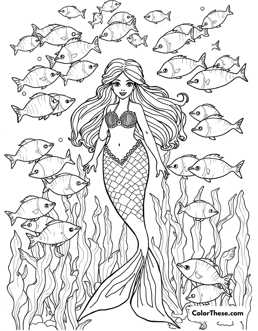 Free printable mermaid with a school of fish coloring page for kids and adults. A mermaid surrounded by a school of fish.