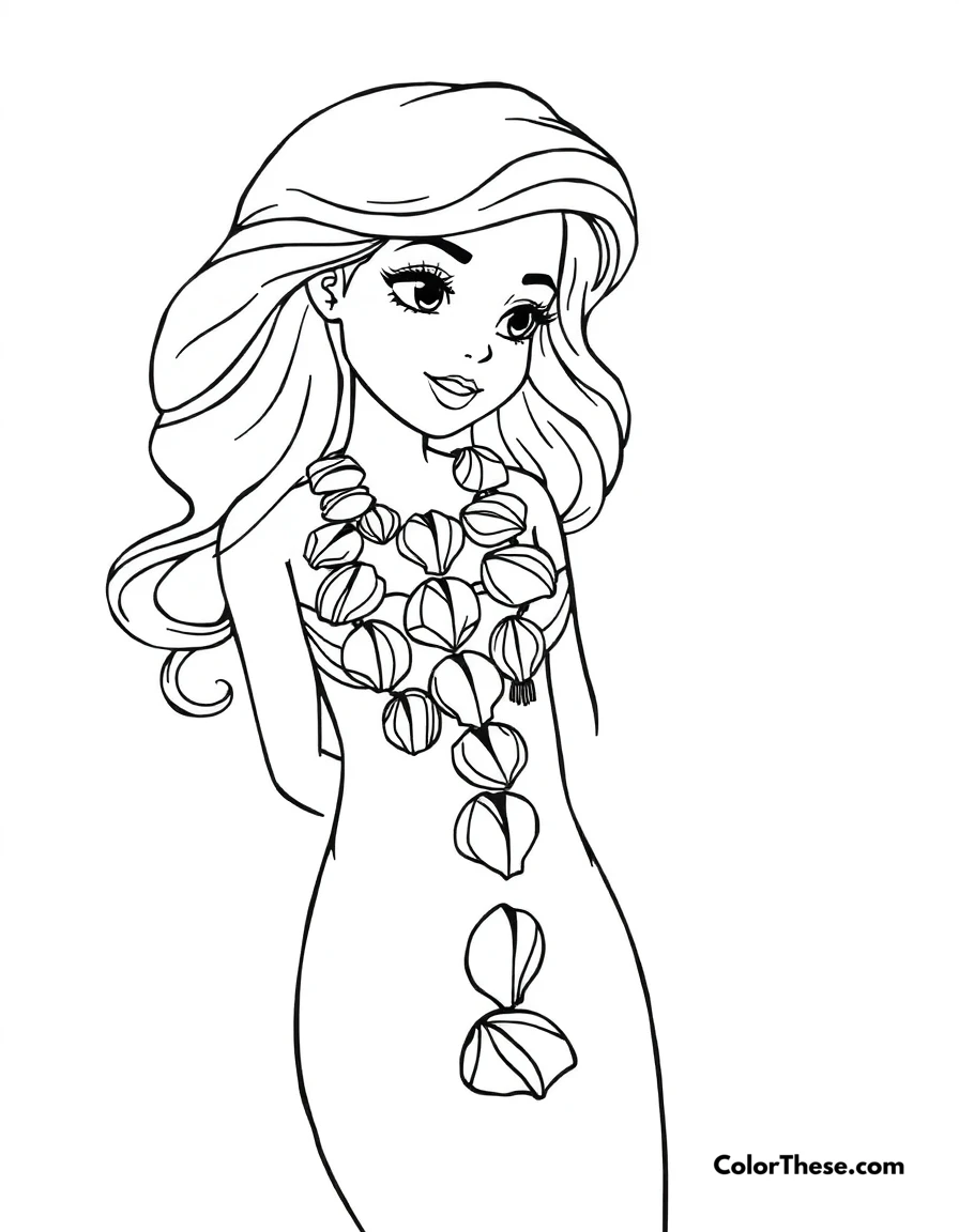 Free printable mermaid with a seashell necklace coloring page for kids and adults. A mermaid wearing a necklace made of seashells.