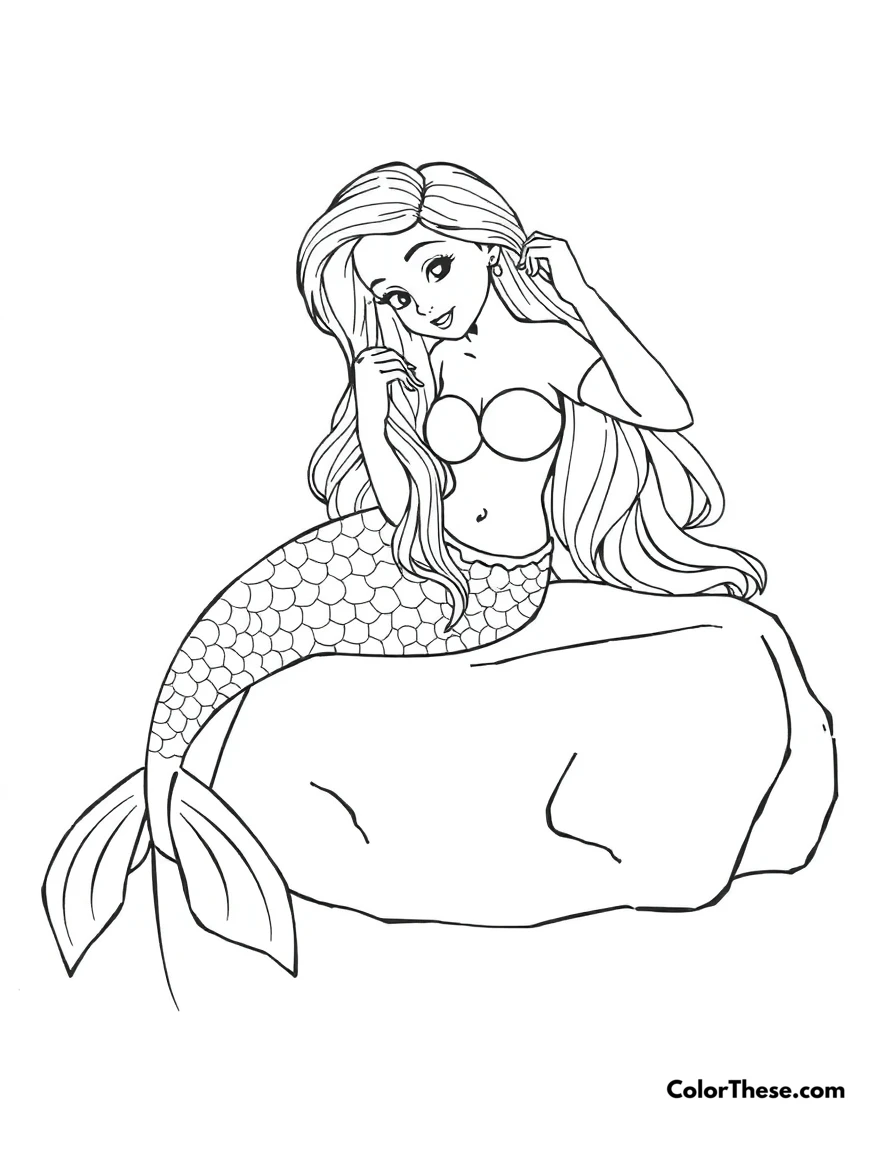 Free printable mermaid sitting on a rock coloring page for kids and adults. A mermaid resting on a rock, combing her long hair.