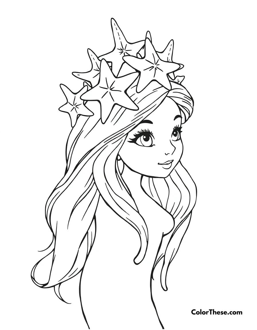 Free printable mermaid with a starfish crown coloring page for kids and adults. A mermaid wearing a crown made of starfish.