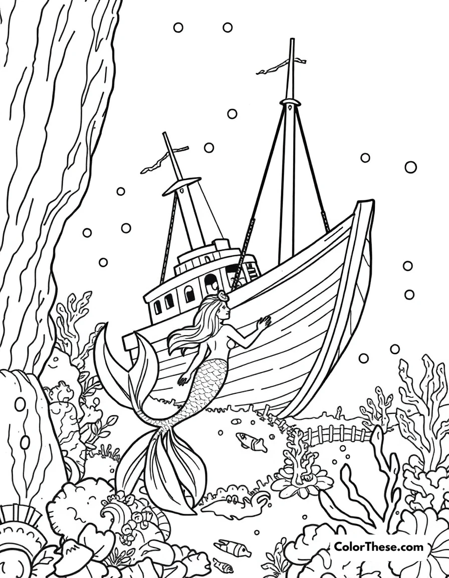 Free printable mermaid in a sunken ship coloring page for kids and adults. A mermaid exploring a sunken shipwreck.