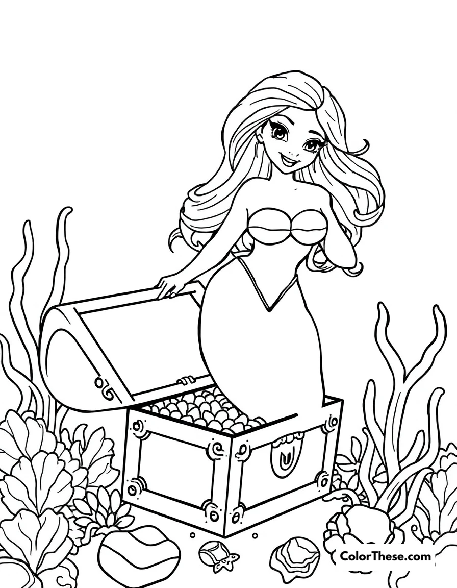 Free printable mermaid with a treasure chest coloring page for kids and adults. A mermaid opening a treasure chest on the ocean floor.