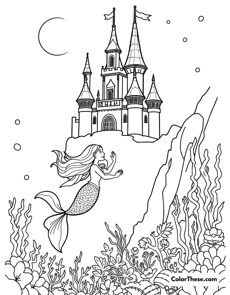 Free printable mermaid underwater castle coloring page for kids and adults. A mermaid swimming near an underwater castle.