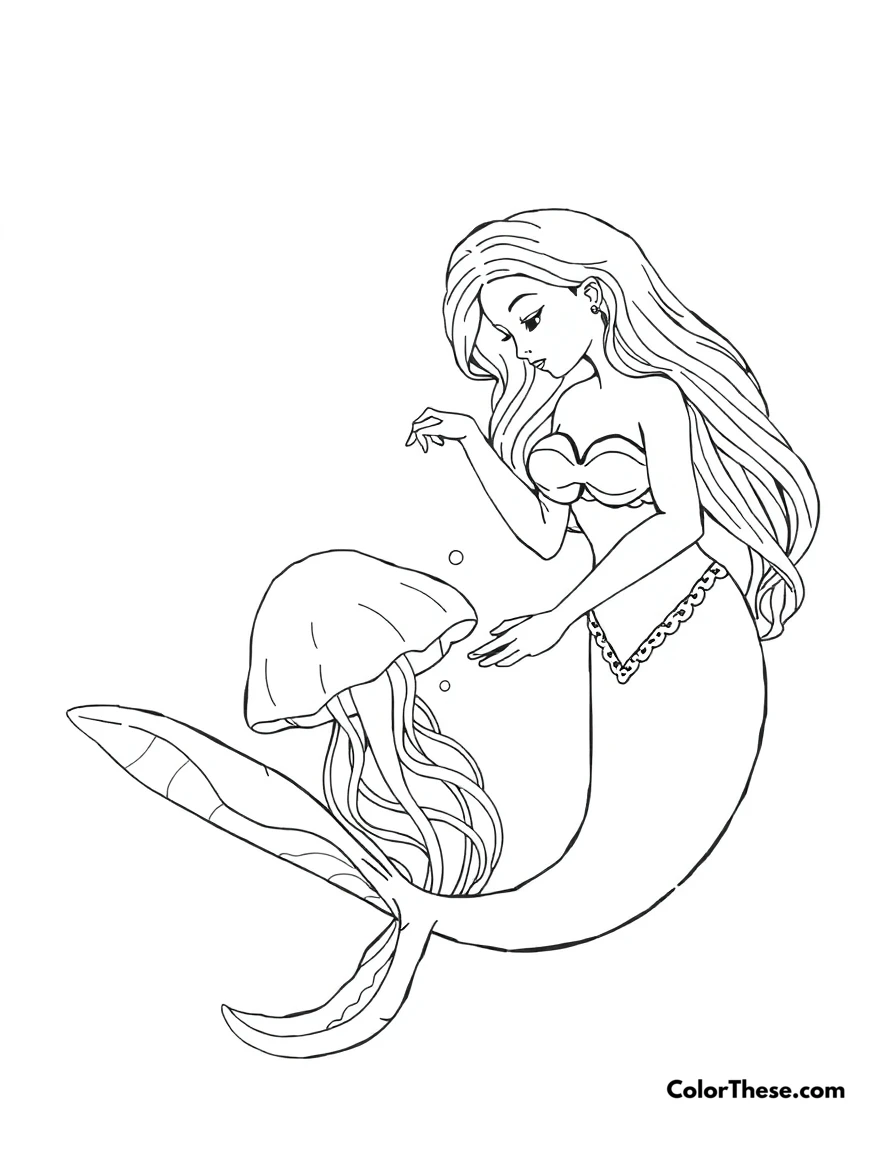 Free printable mermaid with a jellyfish coloring page for kids and adults. A mermaid gently interacting with a glowing jellyfish.