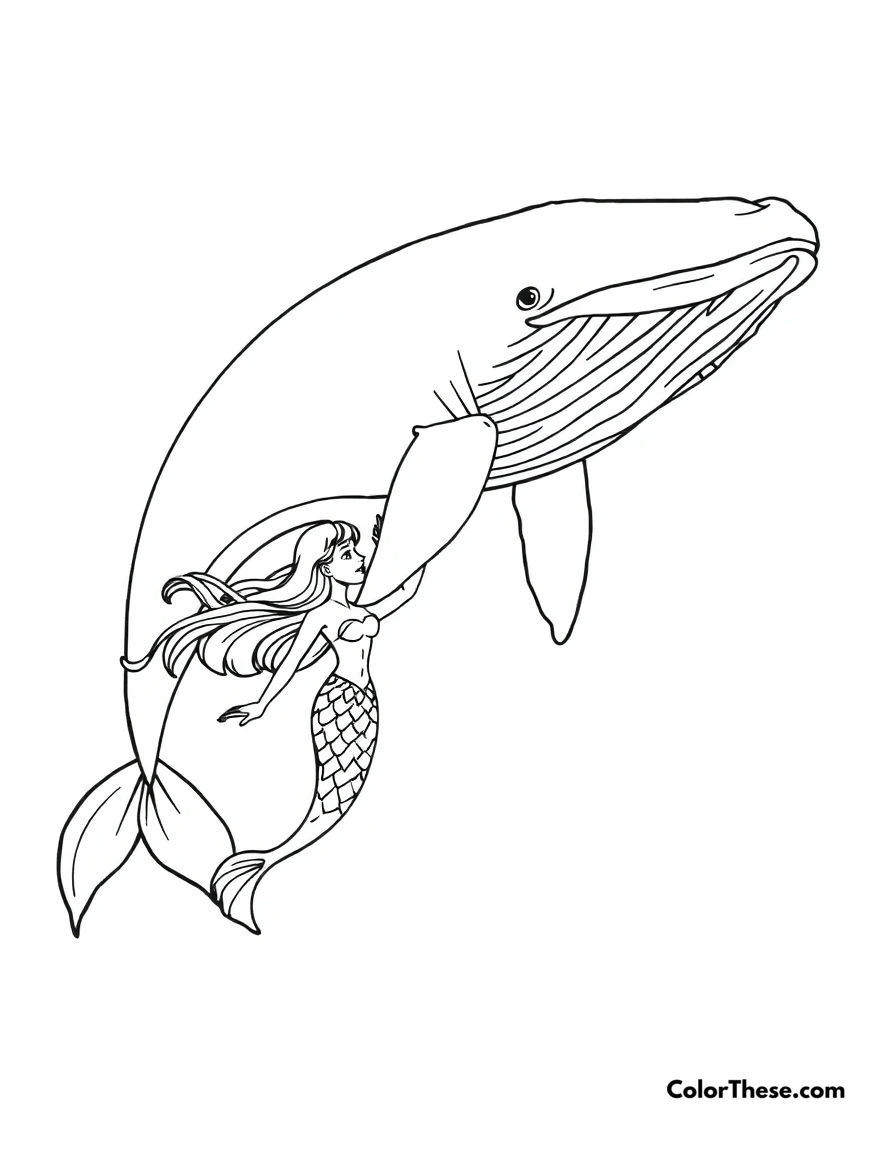 Free printable mermaid with a whale coloring page for kids and adults. A mermaid swimming alongside a majestic whale.