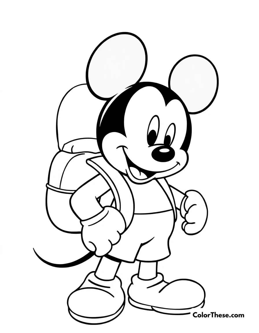 Free printable mickey mouse with a backpack coloring page for kids and adults. Mickey Mouse (Disney) wearing a backpack, ready for an adventure.