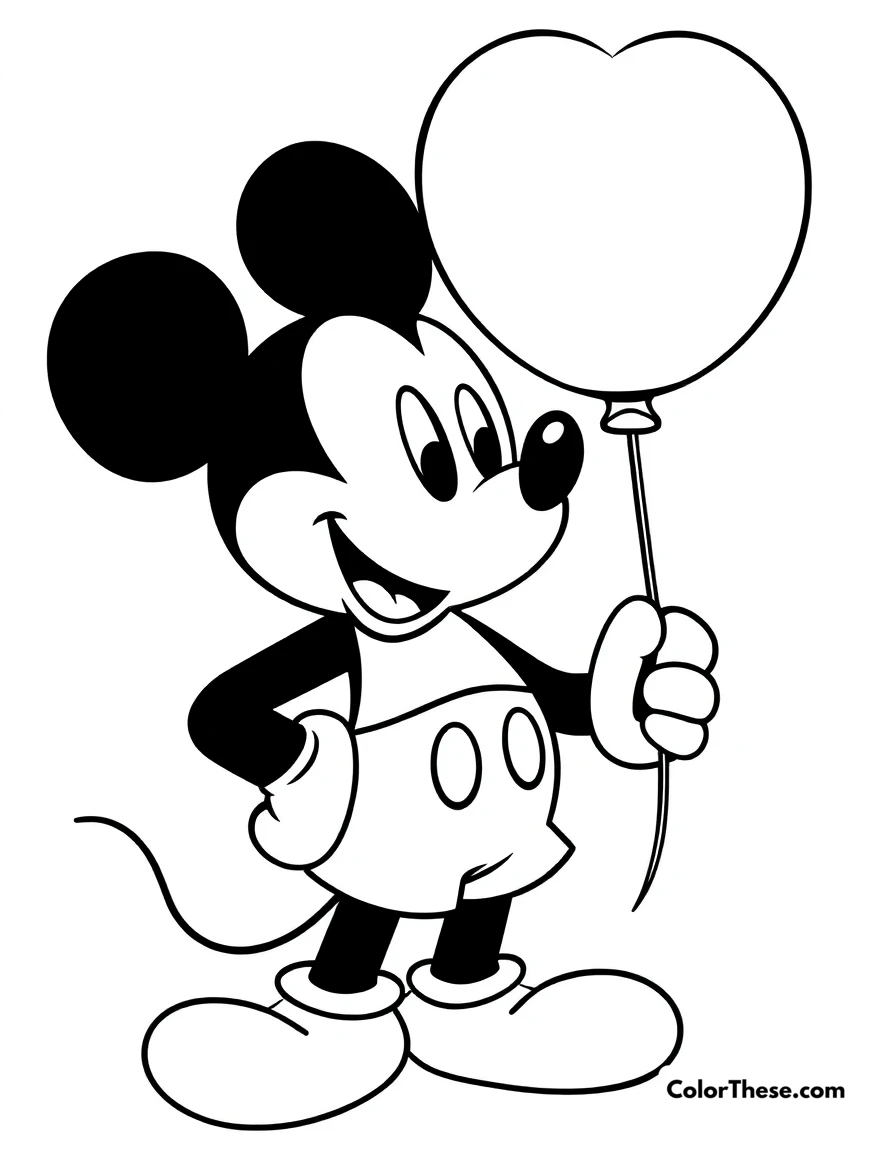 Free printable mickey mouse holding a balloon coloring page for kids and adults. Mickey Mouse (Disney) holding a colorful balloon.