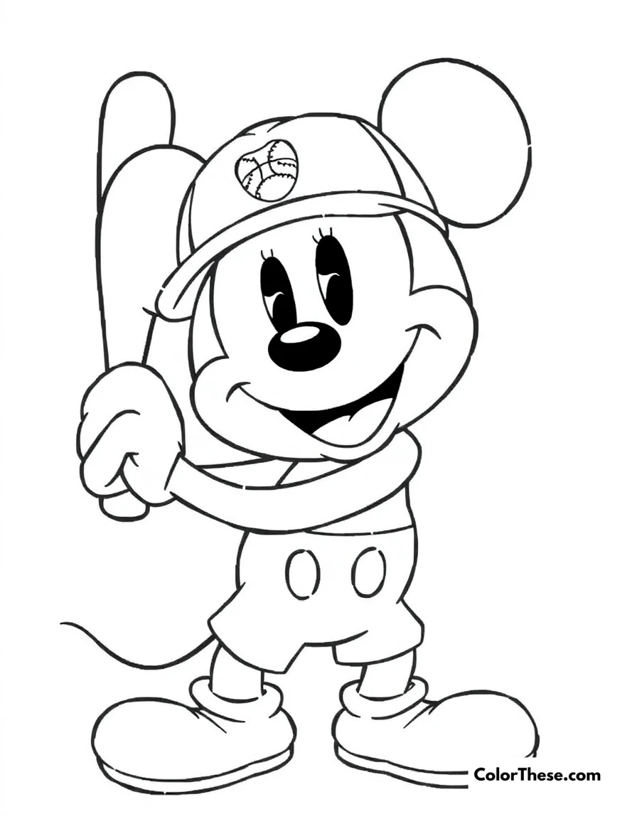 Free printable mickey mouse playing baseball coloring page for kids and adults. Mickey Mouse (Disney) playing baseball with a big smile.