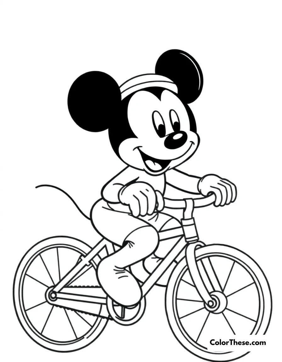Free printable mickey mouse riding a bicycle coloring page for kids and adults. Mickey Mouse (Disney) riding a bicycle with a big smile.