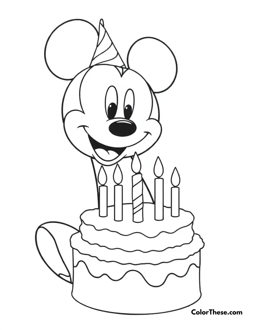 Free printable mickey mouse with a birthday cake coloring page for kids and adults. Mickey Mouse (Disney) celebrating with a birthday cake.