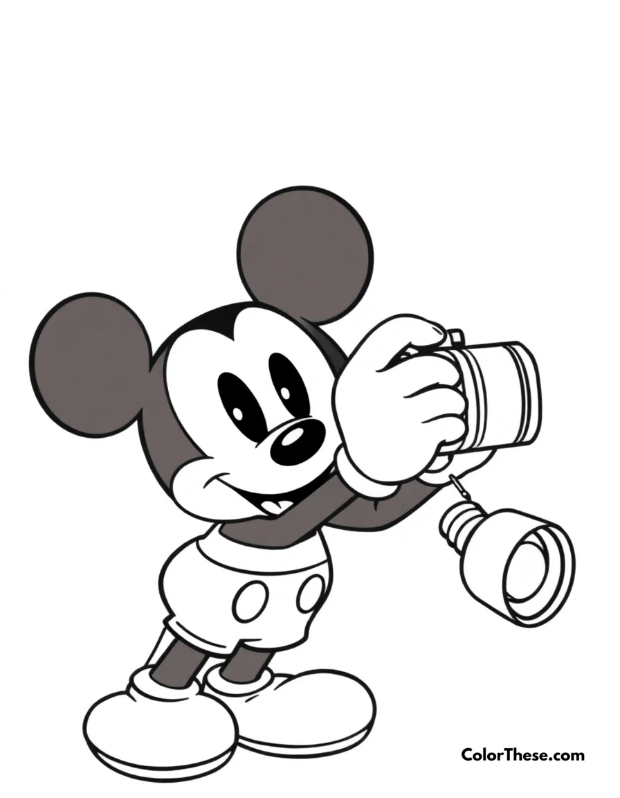 Free printable mickey mouse with a camera coloring page for kids and adults. Mickey Mouse (Disney) taking a photo with a camera.