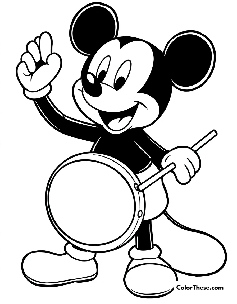 Free printable mickey mouse playing a drum coloring page for kids and adults. Mickey Mouse (Disney) playing a drum with enthusiasm.