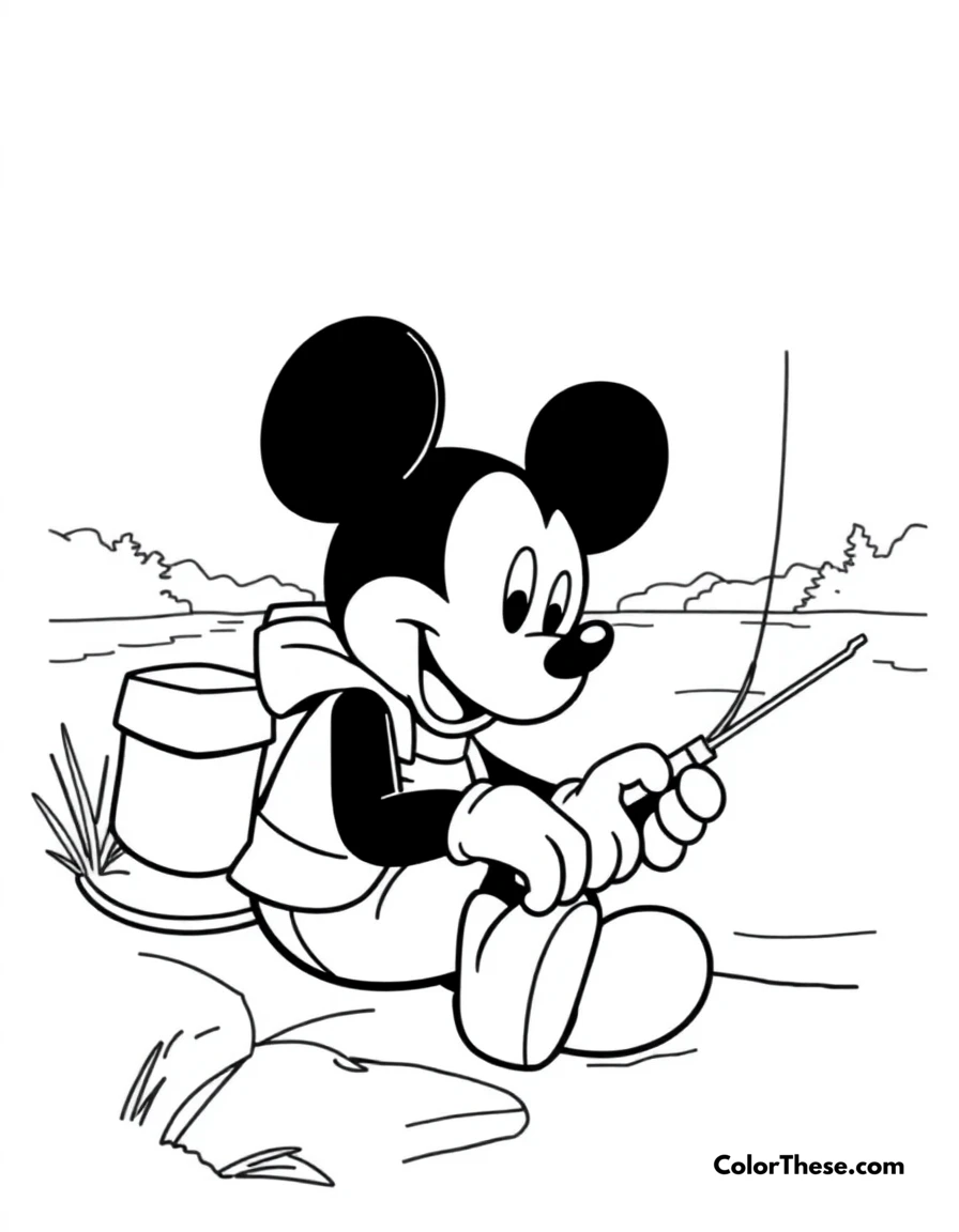 Free printable mickey mouse fishing coloring page for kids and adults. Mickey Mouse (Disney) sitting by a lake, fishing.