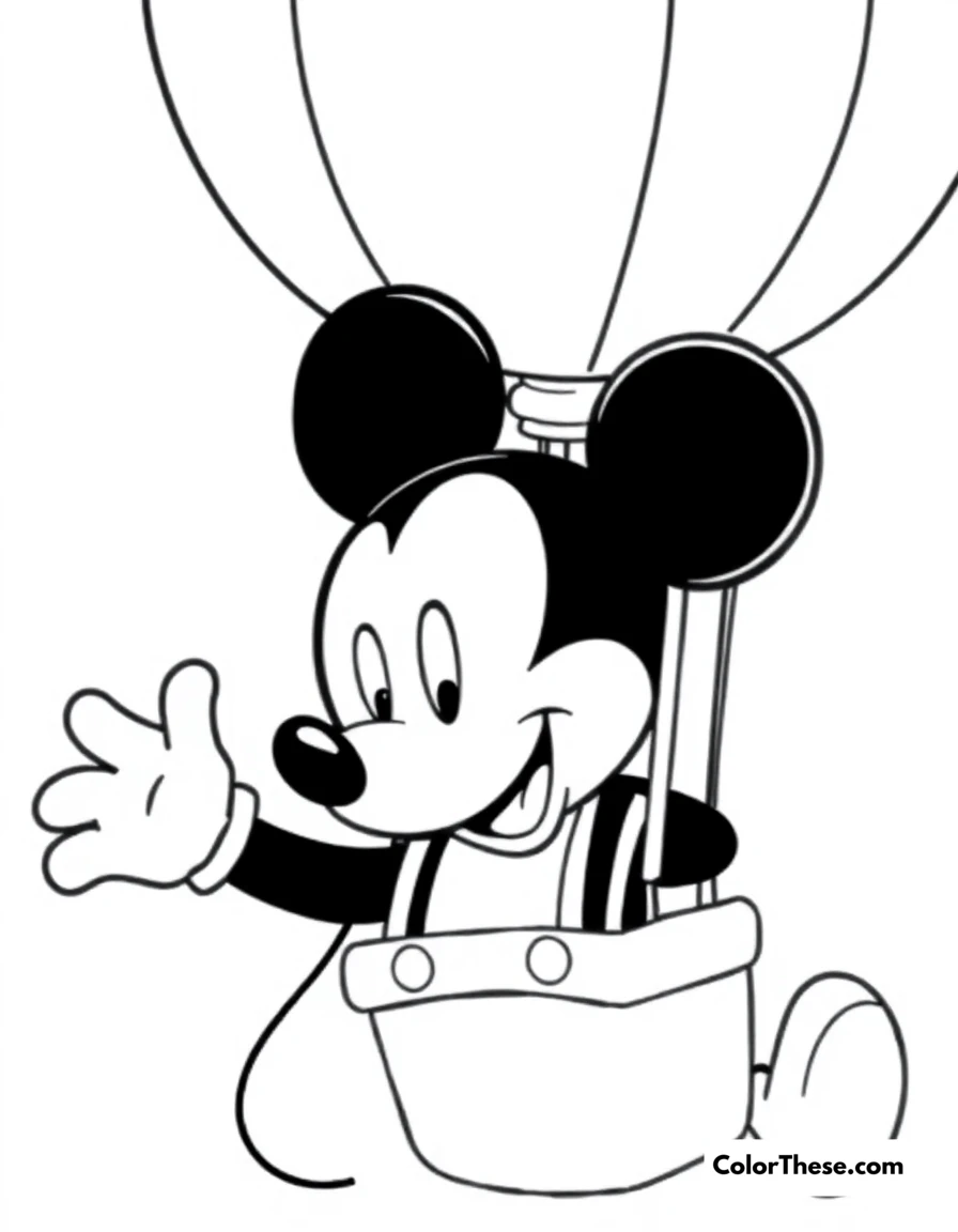 Free printable mickey mouse in a hot air balloon coloring page for kids and adults. Mickey Mouse (Disney) floating in a hot air balloon.