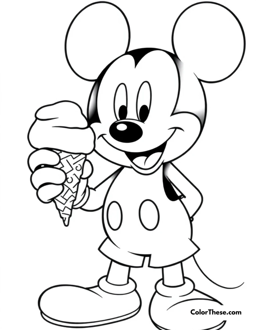 Free printable mickey mouse eating ice cream coloring page for kids and adults. Mickey Mouse (Disney) enjoying a delicious ice cream cone.