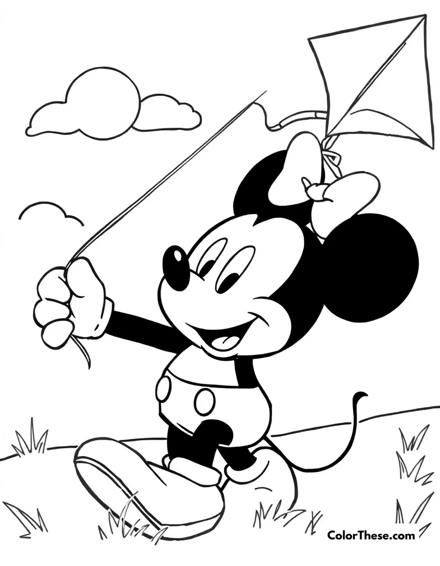 Free printable mickey mouse with a kite coloring page for kids and adults. Mickey Mouse (Disney) flying a kite on a sunny day.