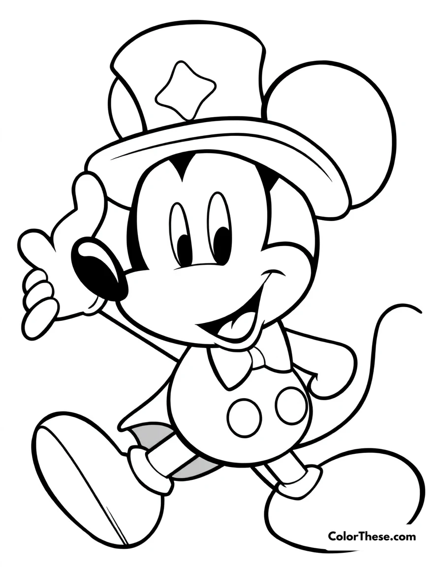 Free printable mickey mouse with a magic hat coloring page for kids and adults. Mickey Mouse (Disney) wearing a magic hat, ready to perform tricks.