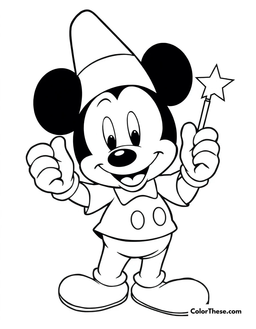 Free printable mickey mouse with a magic wand coloring page for kids and adults. Mickey Mouse (Disney) holding a magic wand, ready to cast a spell.