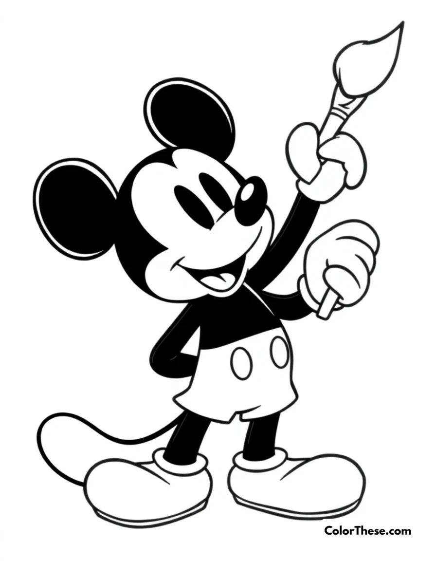 Free printable mickey mouse with a paintbrush coloring page for kids and adults. Mickey Mouse (Disney) holding a paintbrush, ready to create art.