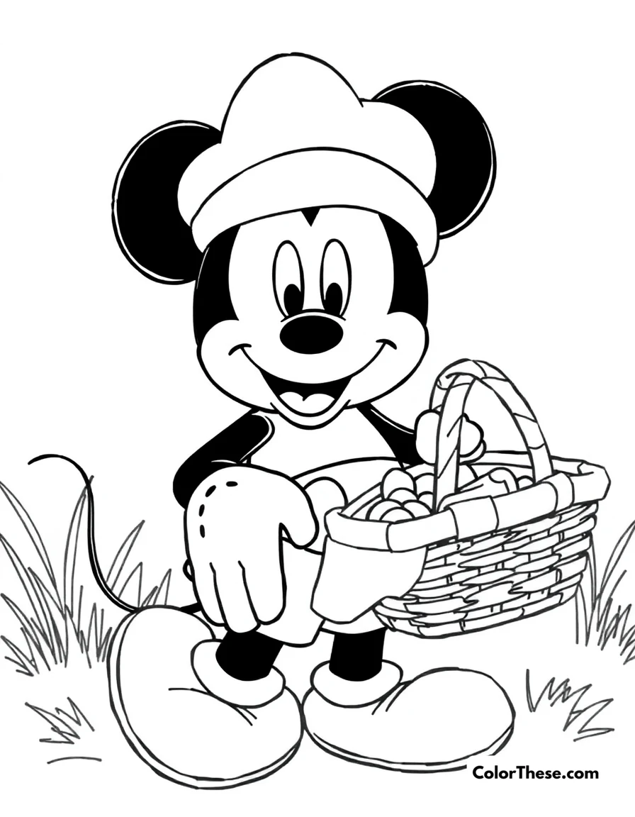 Free printable mickey mouse with a picnic basket coloring page for kids and adults. Mickey Mouse (Disney) holding a picnic basket, ready for a meal outdoors.
