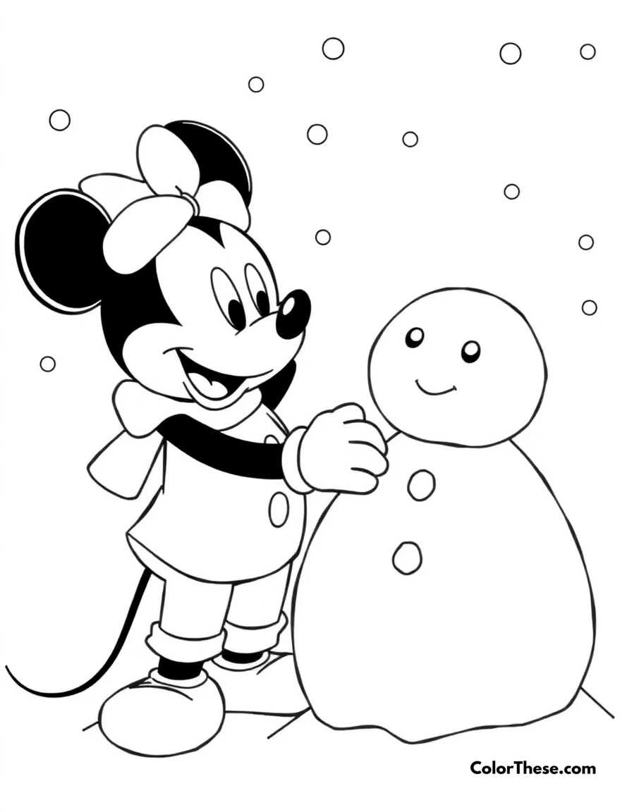 Free printable mickey mouse with a snowman coloring page for kids and adults. Mickey Mouse (Disney) building a snowman on a snowy day.