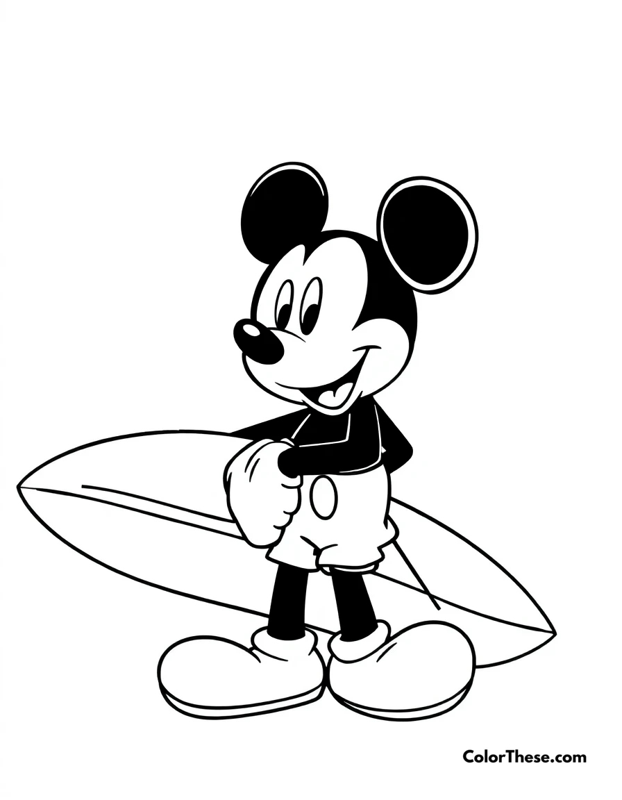 Free printable mickey mouse with a surfboard coloring page for kids and adults. Mickey Mouse (Disney) holding a surfboard, ready to hit the waves.
